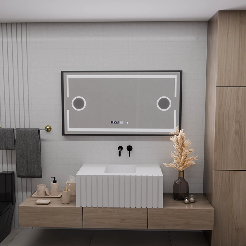 Miroir LED MotionGlow Capteur Domingo avec fonction anti-buée Thermomètre Horloge 120x65 cm Lumière Froide/Chaude/Neutre Intensité Variable, Cadre Noir Brossé, collection Marcello Funghi