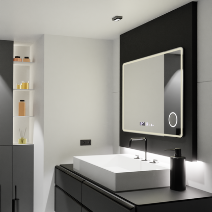 Miroir LED rectangulaire 120x80 Aura Riflesso Puro MotionGlow Marcello, système anti-buée, thermomètre et horloge, dimmable