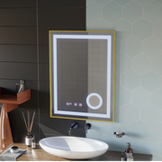 CLARUS Miroir Tactile LED Système de Désembuage, Horloge et Température Loupe Cosmétique Cadre Or Brossé 60x80 cm