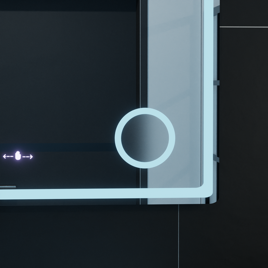 Miroir LED rectangulaire, 90x60 cm, Velour MotionGlow Marcello, système anti-buée, horloge et thermomètre, loupe cosmétique, intensité variable