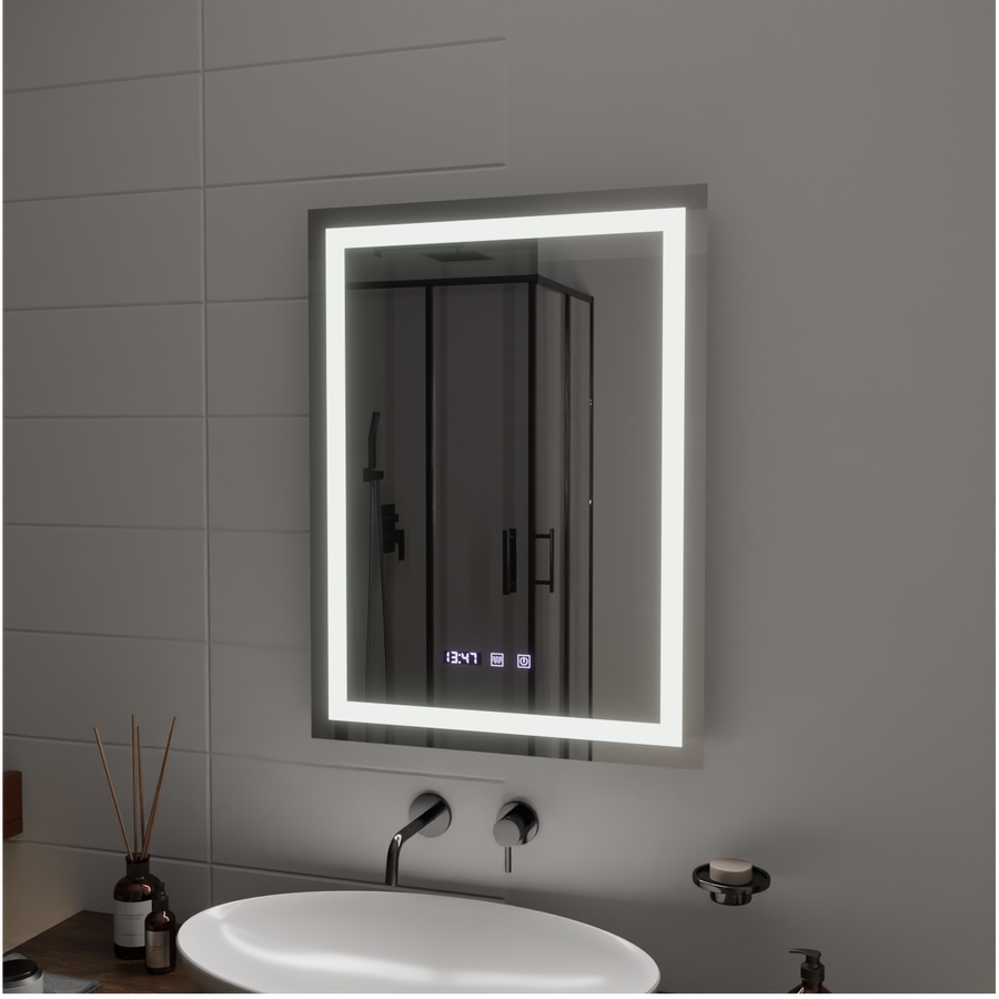 Miroir LED MODENA Touch Système anti-buée, Horloge et Température 60x80 cm