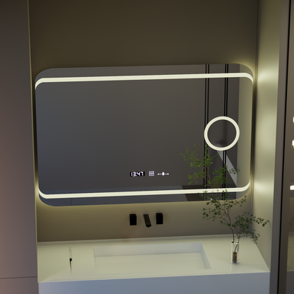 Miroir LED rectangulaire, 120x80cm, Definition MotionGlow Marcello, système anti-buée, horloge et thermomètre, loupe cosmétique, variable