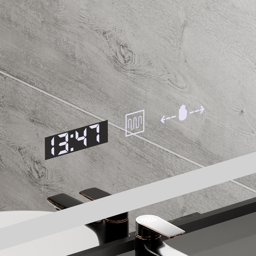 Miroir LED rectangulaire, 60x80 cm, Verite Majeste Noir Motion Glow Marcello, système anti-buée, horloge et thermomètre, intensité variable