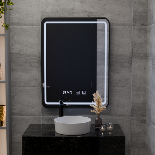 Miroir LED Touch LUCIDA Système de désembuage, horloge et température 50x70 cm Cadre Noir Miroirs Brossés Korman S Default Title Alessandro Design
