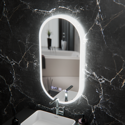 Miroir LED ovale, 50x100 cm, capteur Lucia Marcello, système antibuée, horloge et thermomètre, intensité variable