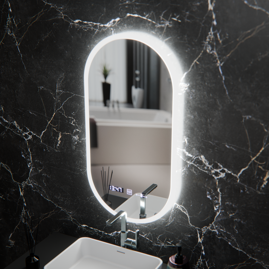 Miroir LED ovale, 50x100 cm, capteur Lucia Marcello, système antibuée, horloge et thermomètre, intensité variable