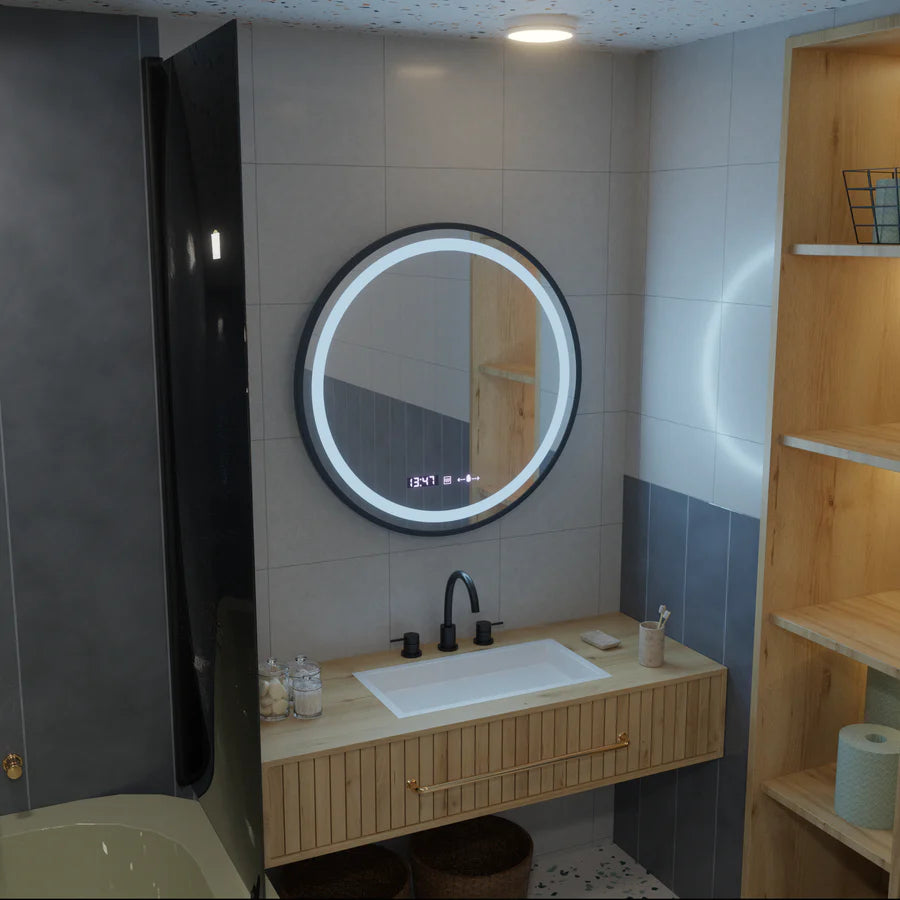 Miroir rond LED, 60 cm, Celeste Majeste Noir Eleve MotionGlow Marcello, système anti-buée, horloge et thermomètre, intensité variable