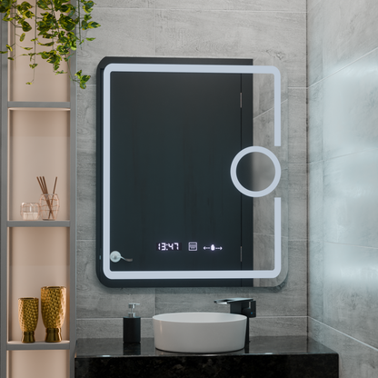Miroir LED rectangulaire, 75x90cm, Eclat MotionGlow Marcello, système anti-buée, horloge et thermomètre, loupe cosmétique, variable