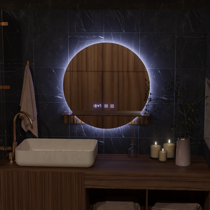 Miroir LED Touch Alfred système de désembuage, horloge et température 60x60 cm avec support intégré