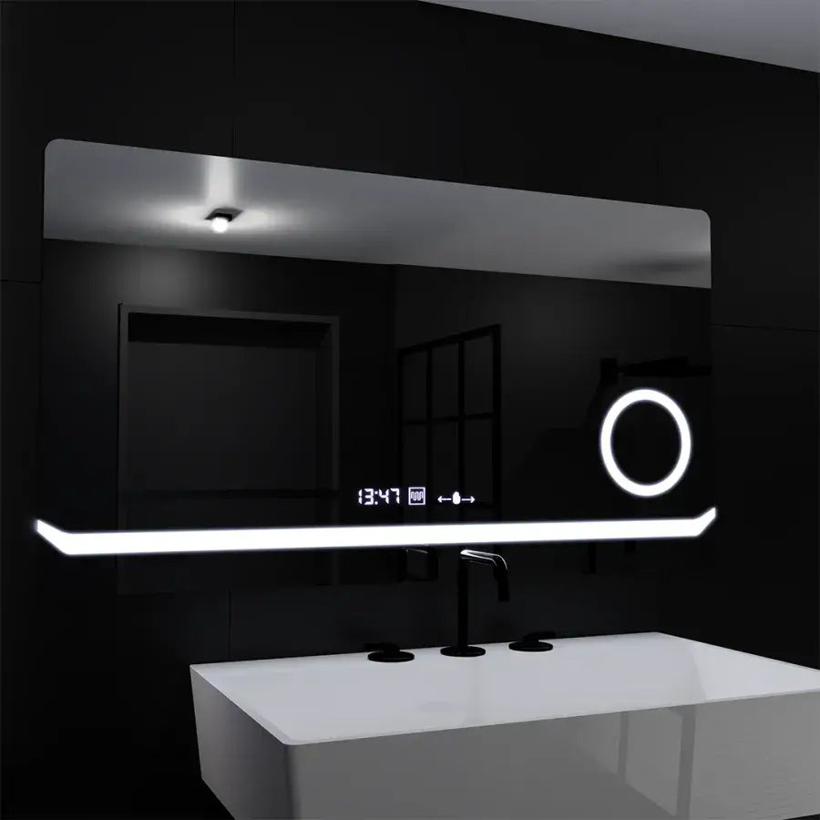 Miroir LED rectangulaire, 80x60 cm, Definition MotionGlow Marcello, système anti-buée, horloge et thermomètre, loupe cosmétique, intensité variable
