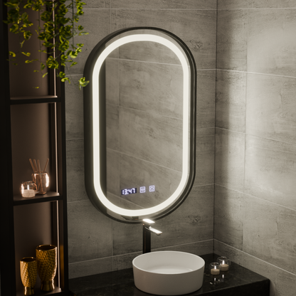 Helmut Miroir Tactile LED Système de Désembuage, Horloge et Température 50x90 cm Cadre Noir Brossé Marcello Funghi