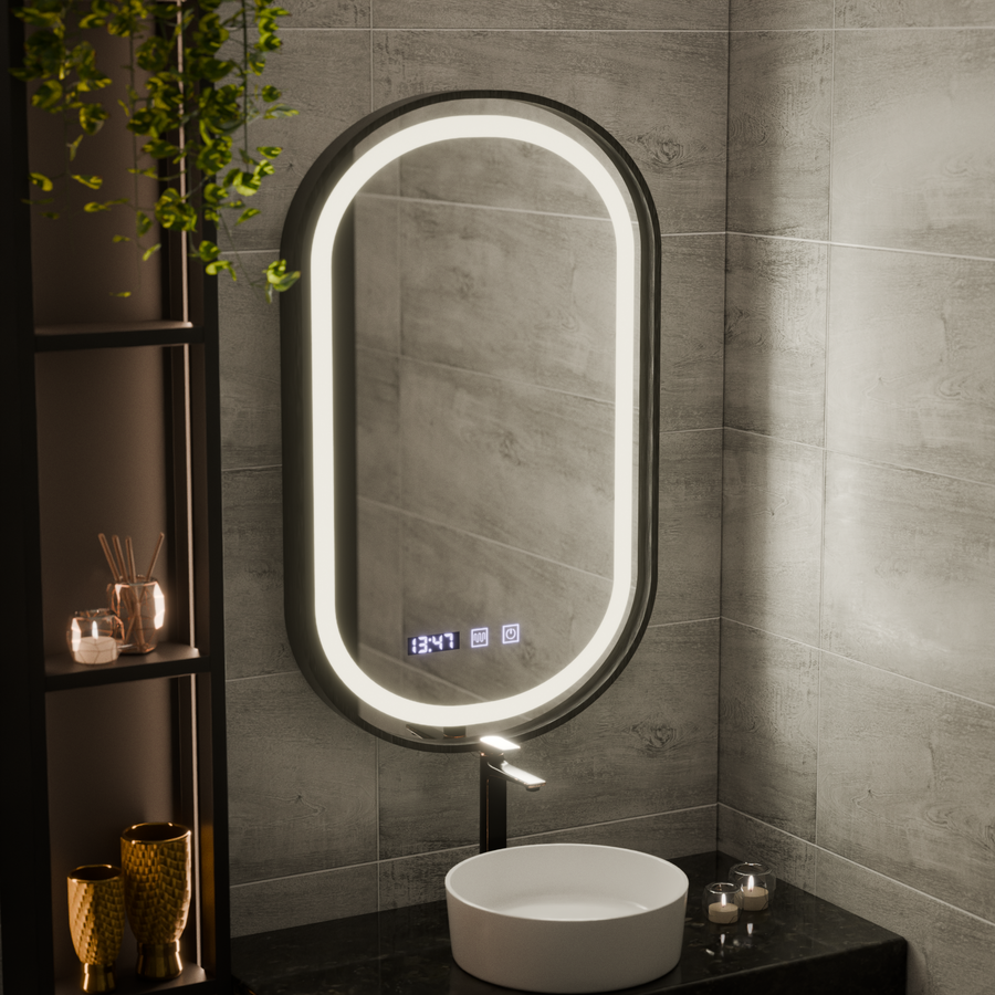 Helmut Miroir Tactile LED Système de Désembuage, Horloge et Température 50x90 cm Cadre Noir Brossé Marcello Funghi