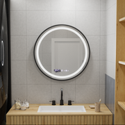 Miroir rond LED, 70 cm, Celeste Majeste Noir MotionGlow Marcello, système anti-buée, horloge et thermomètre, intensité variable