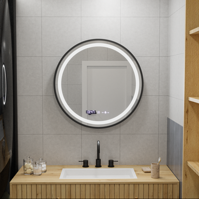 Miroir rond LED, 70 cm, Celeste Majeste Noir MotionGlow Marcello, système anti-buée, horloge et thermomètre, intensité variable