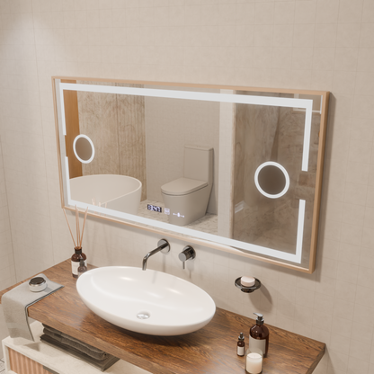 Miroir LED MotionGlow Capteur Sofia avec fonction anti-buée Thermomètre Horloge 110x65 cm Lumière Chaude/Froide/Neutre Intensité Variable, Cadre Or Rose, Collection Marcello Funghi