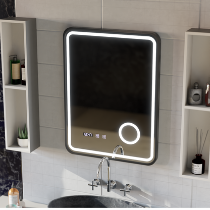Ulrich Miroir Tactile LED Système de Désembuage, Horloge et Température Loupe Cosmétique Cadre Noir Brossé 60x80 cm
