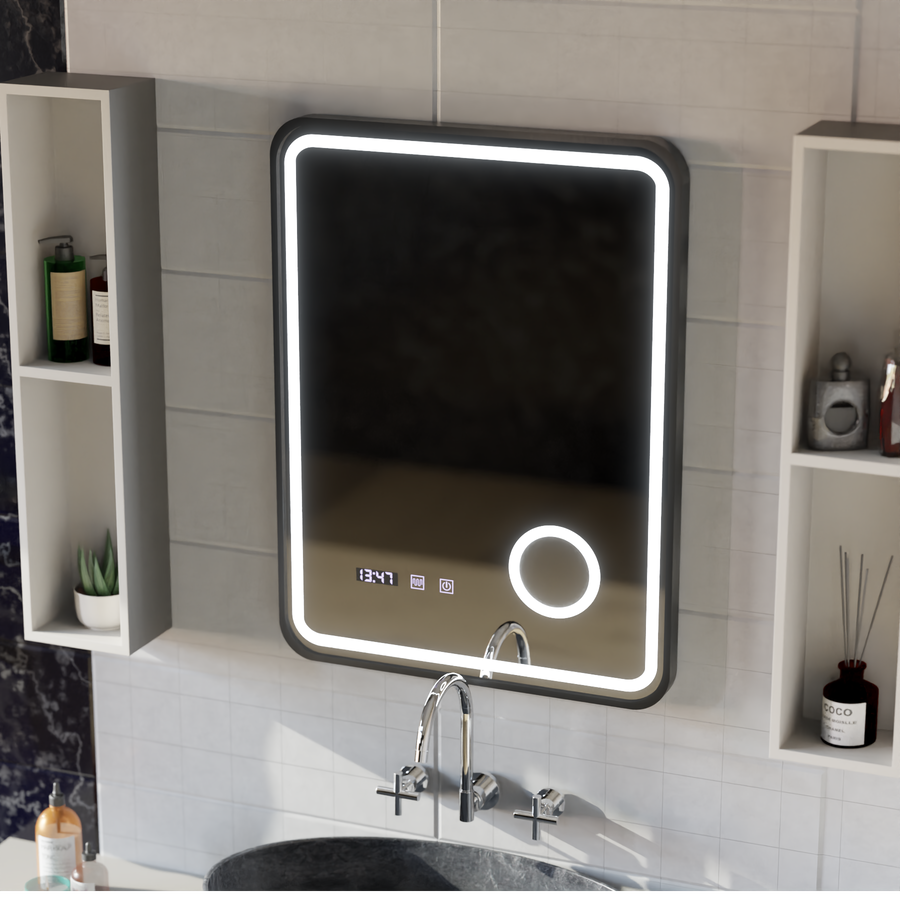Ulrich Miroir Tactile LED Système de Désembuage, Horloge et Température Loupe Cosmétique Cadre Noir Brossé 60x80 cm