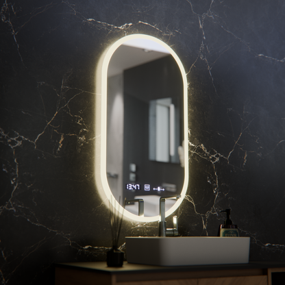Miroir LED ovale, 50x100 cm, capteur Lucia Marcello, système antibuée, horloge et thermomètre, intensité variable