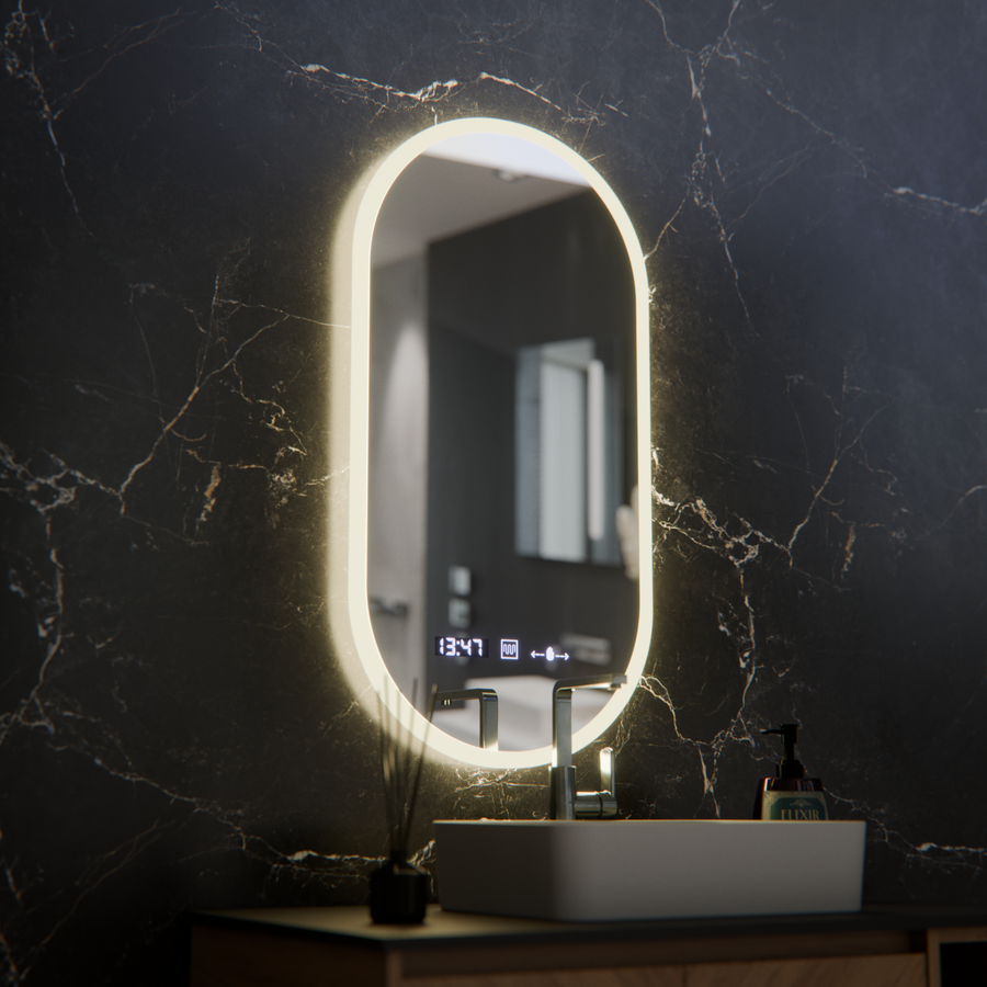 Miroir LED ovale, 50x100 cm, capteur Lucia Marcello, système antibuée, horloge et thermomètre, intensité variable