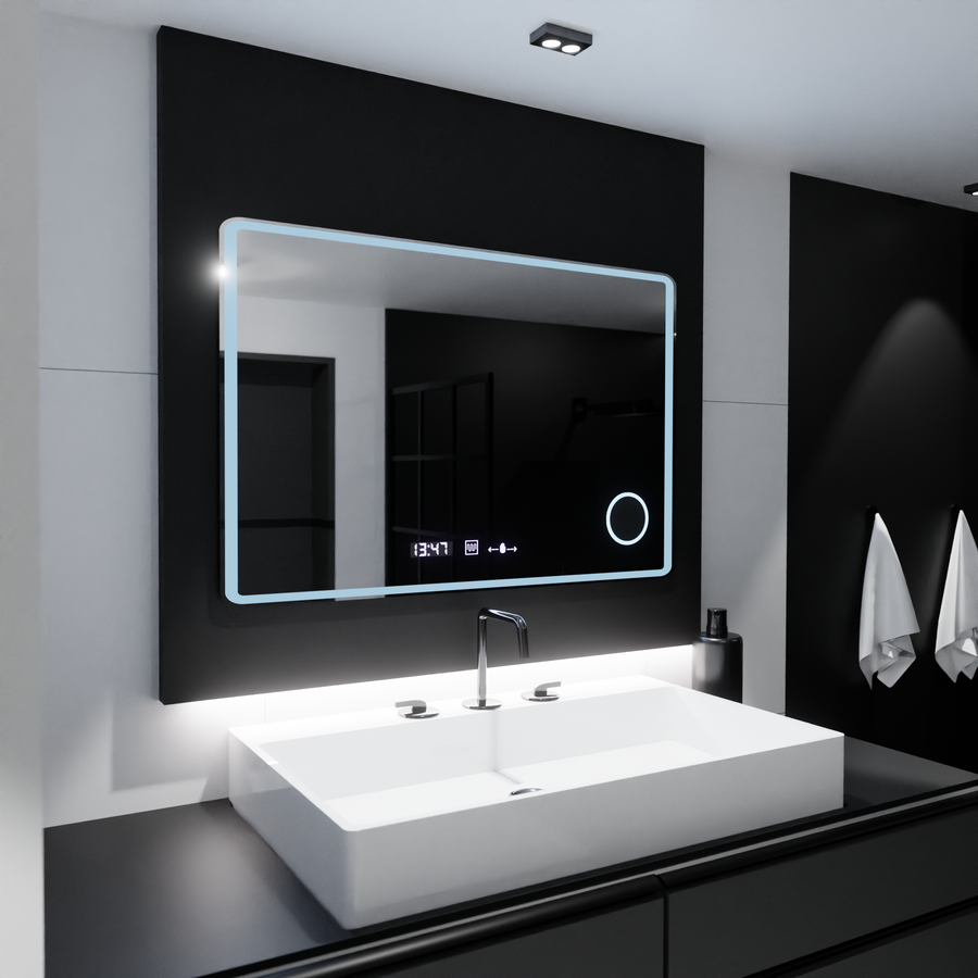 Miroir LED rectangulaire 120x80 Aura Riflesso Puro MotionGlow Marcello, système anti-buée, thermomètre et horloge, dimmable