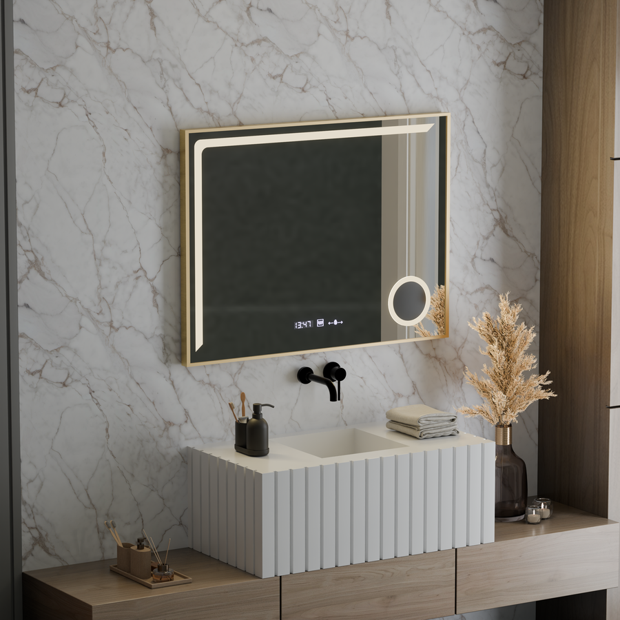 Miroir LED avec capteur MotionGlow Rosalia 80 x 60 cm Lumière chaude/froide/neutre Système anti-buée à intensité variable Thermomètre Horloge Collection Marcello Funghi