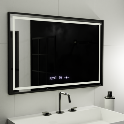 Miroir LED rectangulaire, 120x80cm, Verite Majeste Noir Motion Glow Marcello, système anti-buée, horloge et thermomètre, intensité variable
