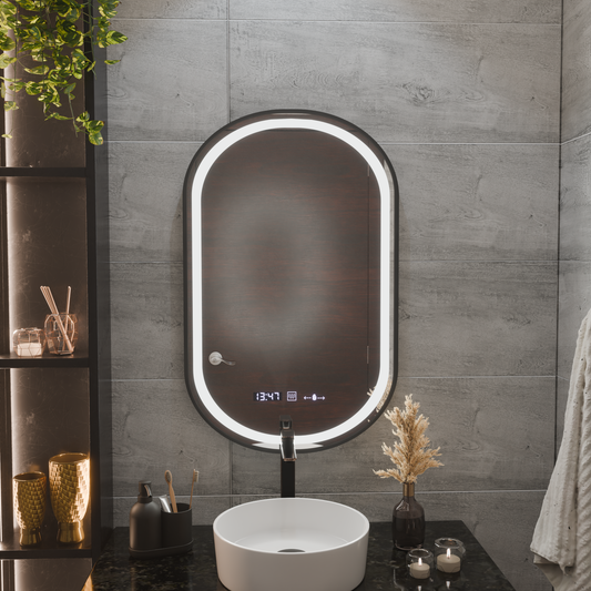 Helmut Miroir Tactile LED Système de Désembuage, Horloge et Température 50x90 cm Cadre Noir Brossé Marcello Funghi