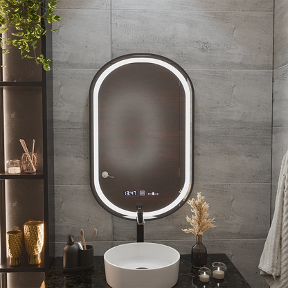 Helmut Miroir Tactile LED Système de Désembuage, Horloge et Température 50x90 cm Cadre Noir Brossé Marcello Funghi