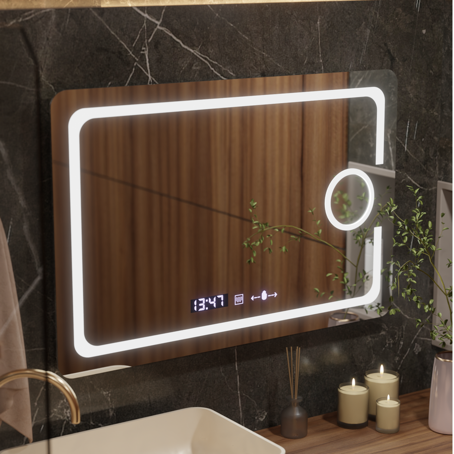 Miroir LED rectangulaire, 120x80cm, Eclat MotionGlow Marcello, système anti-buée, horloge et thermomètre, loupe cosmétique, variable