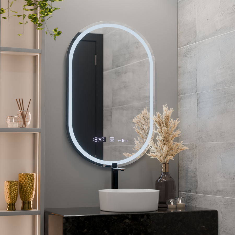 Miroir LED ovale, 50x80cm, Eminence MotionGlow Marcello, système anti-buée, horloge et thermomètre, intensité variable