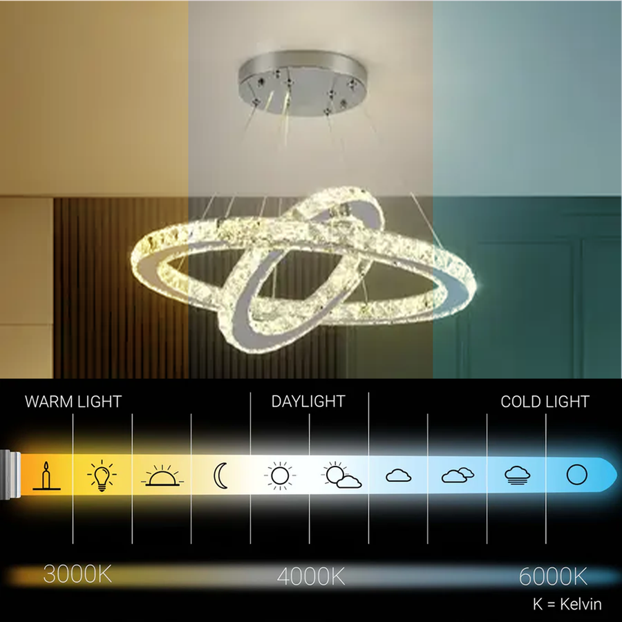 Lustre LED avec télécommande et cristal PRISM LUMINIS 55W, 2 Cercles, Lumière Froide/Chaude/Neutre, Dimmable, Argent, Hauteur Réglable