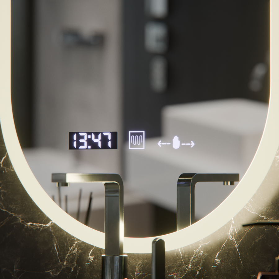 Miroir LED ovale, 50x80 cm, capteur Lucia Marcello, système anti-buée, horloge et thermomètre, intensité variable