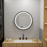 Miroir rond LED, 60 cm, Celeste Majesté Noir MotionGlow Marcello, système anti-buée, horloge et thermomètre, intensité variable