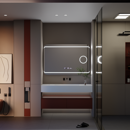 Miroir LED rectangulaire, 120x80cm, Definition MotionGlow Marcello, système anti-buée, horloge et thermomètre, loupe cosmétique, variable
