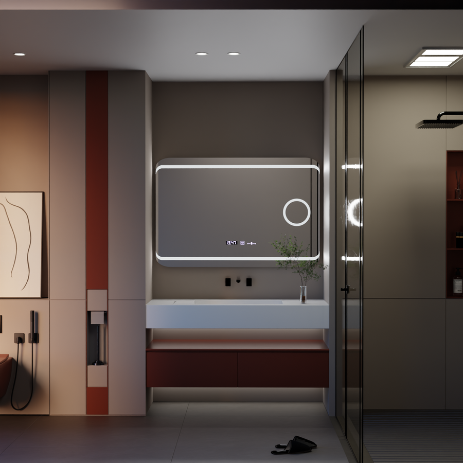 Miroir LED rectangulaire, 120x80cm, Definition MotionGlow Marcello, système anti-buée, horloge et thermomètre, loupe cosmétique, variable