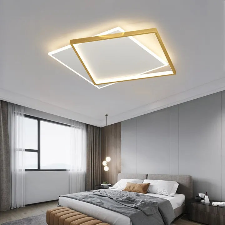 Lustre LED avec télécommande SOLARA 66W, 2 Carrés, Lumière Froide/Chaude/Neutre, Dimmable, Or Blanc