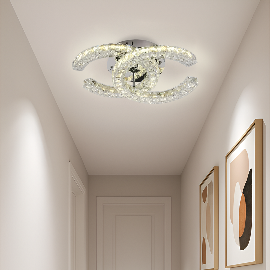 Lustre LED avec télécommande et cristal SHIA 27,1W, 2 Cercles, Lumière Froide/Chaude/Neutre, Dimmable, Chrome Brillant