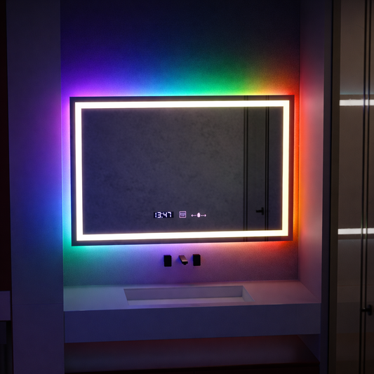 Miroir LED rectangulaire, 100x60cm, Verite MotionGlow Marcello, système anti-buée, horloge et thermomètre, intensité variable