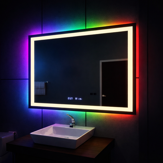 Miroir LED rectangulaire 120x80cm Vérité MotionGlow Marcello, Système anti-buée, Horloge & Thermomètre, Intensité variable W09/120X80BTRGB