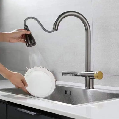 Robinet de cuisine avec douche extractible en acier inoxydable gris avec fonction cascade YB1500N