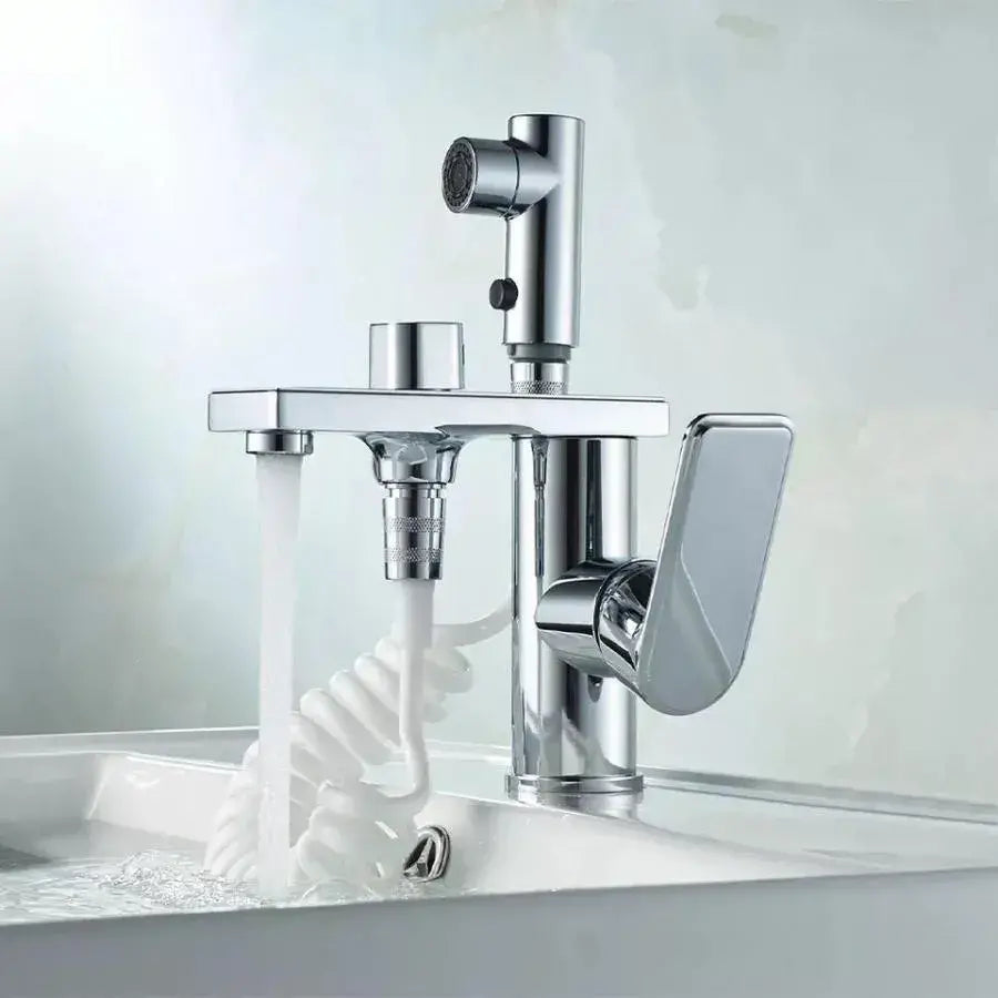 Mitigeur lavabo multifonction avec douche extractible, finition chrome brillant, design moderne