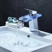 Robinet de lavabo, Alliage et Verre, Chrome, Lumière RGB, Changement de couleur en fonction de la température de l'eau, OD3008