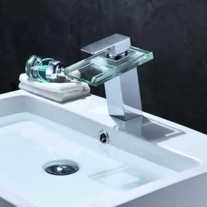 Robinet de lavabo, Alliage et Verre, Chrome, Lumière RGB, Changement de couleur en fonction de la température de l'eau, OD3008