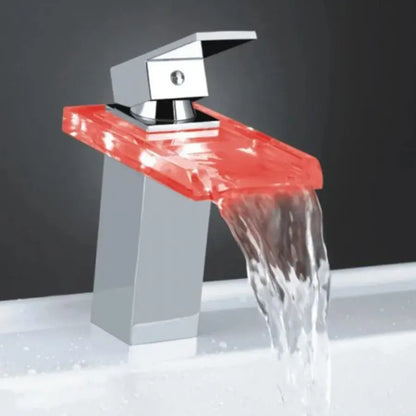 Robinet de lavabo, Alliage et Verre, Chrome, Lumière RGB, Changement de couleur en fonction de la température de l'eau, OD3008