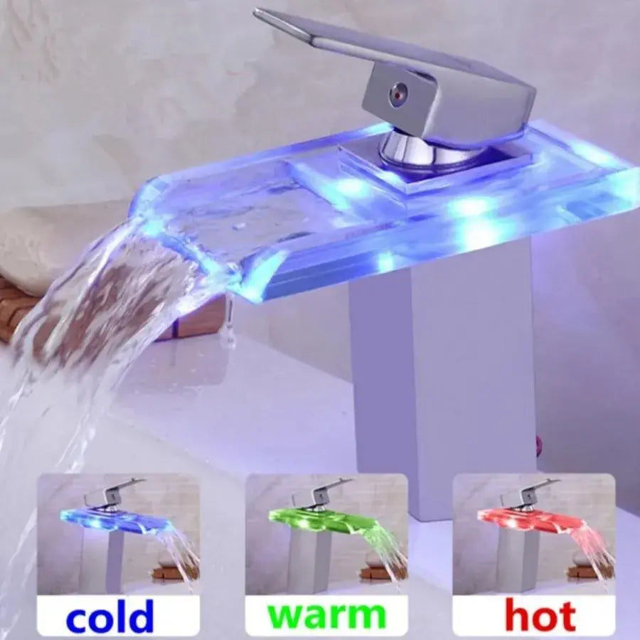 Robinet de lavabo, Alliage et Verre, Chrome, Lumière RGB, Changement de couleur en fonction de la température de l'eau, OD3008