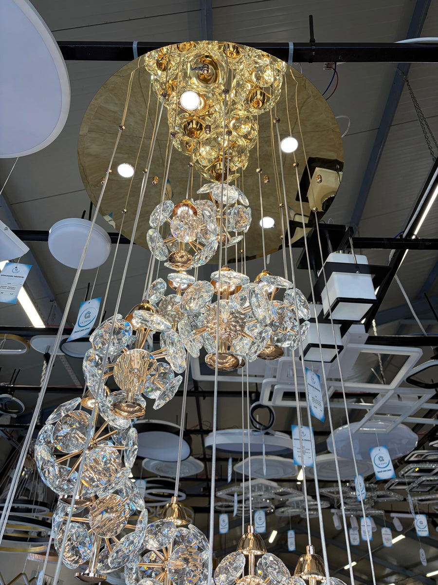 Lustre Crystal LED KILKENNY Culmino, 144 W, lumière neutre, diamètre 60 cm, doré