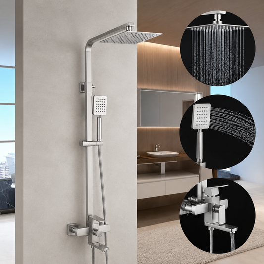 SET Colonne de douche avec robinet, Inox, poire carrée, effet pluie, 3 fonctions, fixation murale, Finition satinée, Accessoires inclus, LY005
