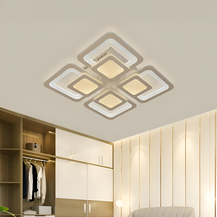 Lustre LED avec télécommande SUSAN 96W, 4 carrés, Lumière Froide/Chaude/Neutre, Dimmable, Blanc