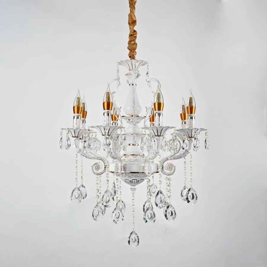 Lustre en cristal Bruhier 8x E14, diamètre 65 cm, blanc avec or, hauteur réglable