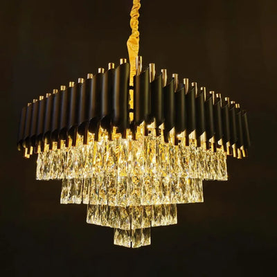 Lustre en cristal VERSAILLES Eleganza 7x E14, diamètre 49cm, or brillant et noir, hauteur réglable
